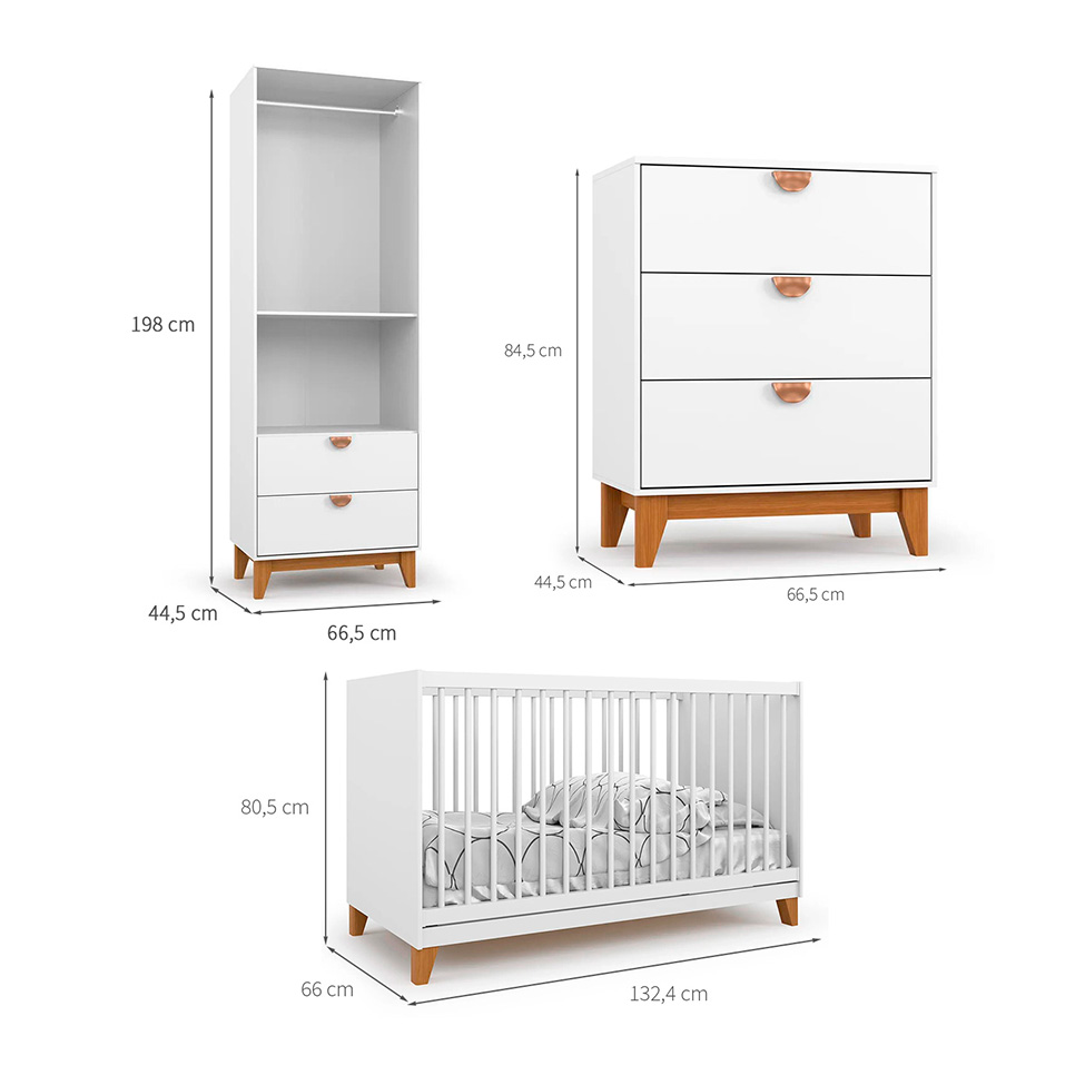 Quarto de Bebê Magia com Berço, Guarda-Roupa e Cômoda 2 Portas 5 Gavetas Branco e Amadeirado
