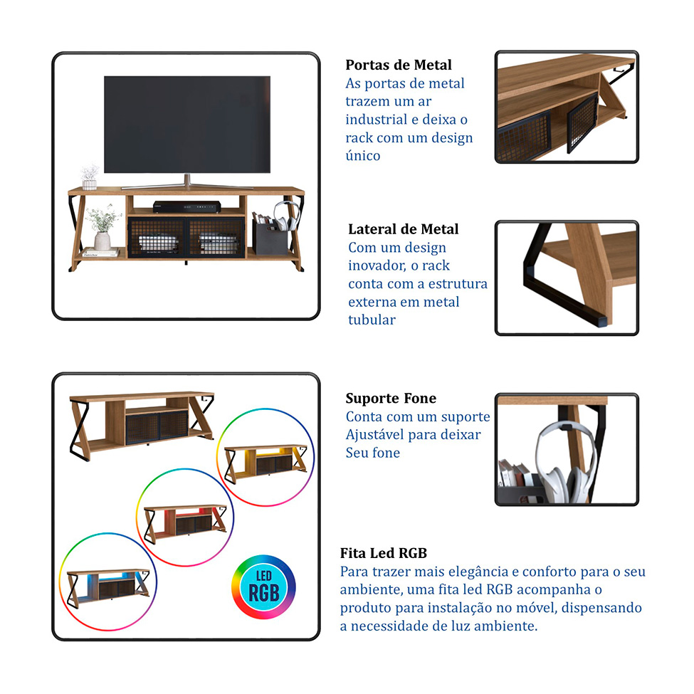 Rack Gamer para TV até 60 Polegadas Linus com LED 2 PT Mel e Preto