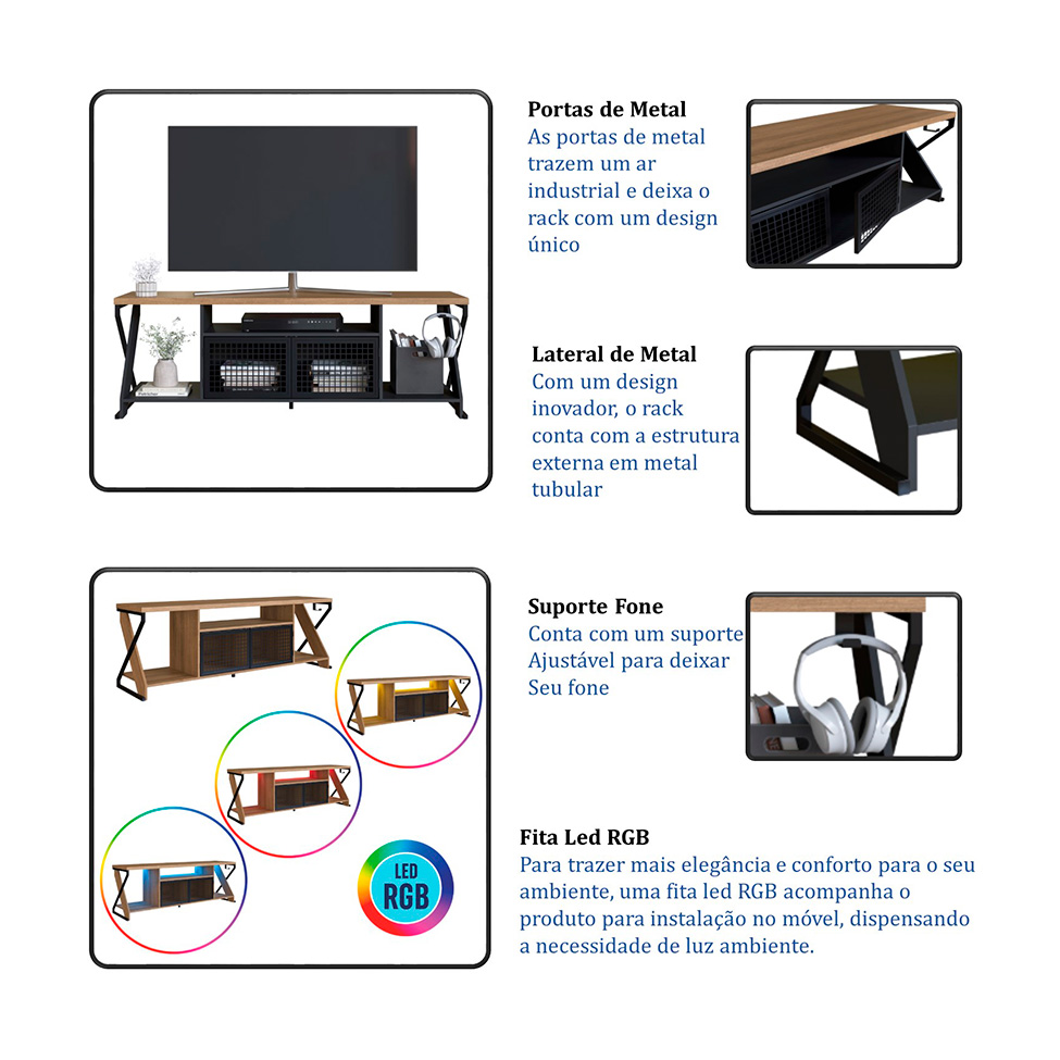 Rack Gamer para TV até 60 Polegadas Linus com LED 2 PT Preto e Mel