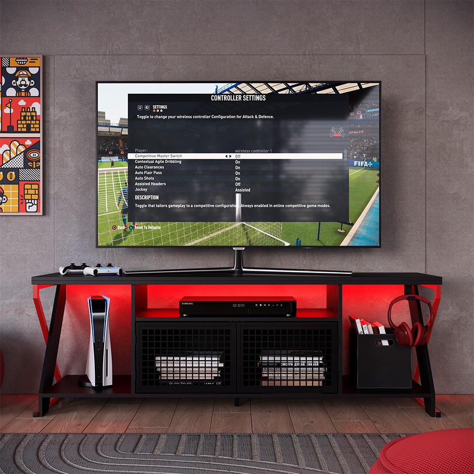 Rack Gamer para TV até 60 Polegadas Linus com LED 2 PT Preto e Vermelho