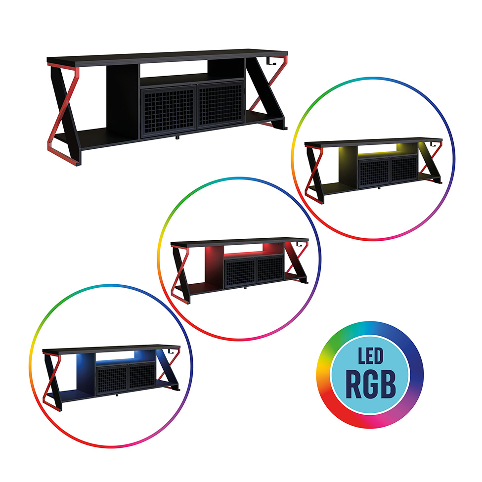 Rack Gamer para TV até 60 Polegadas Linus com LED 2 PT Preto e Vermelho