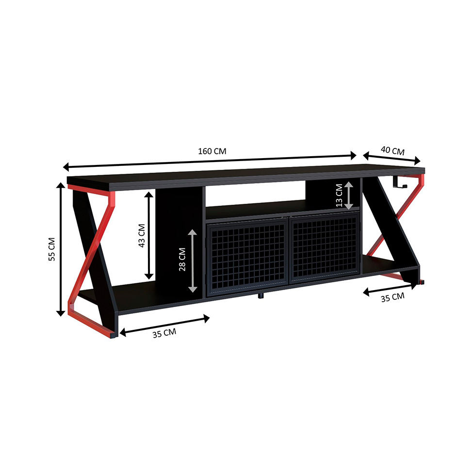 Rack Gamer para TV até 60 Polegadas Linus com LED 2 PT Preto e Vermelho