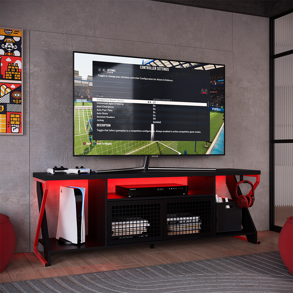 Rack Gamer para TV até 60 Polegadas Linus com LED 2 PT Preto e Vermelho