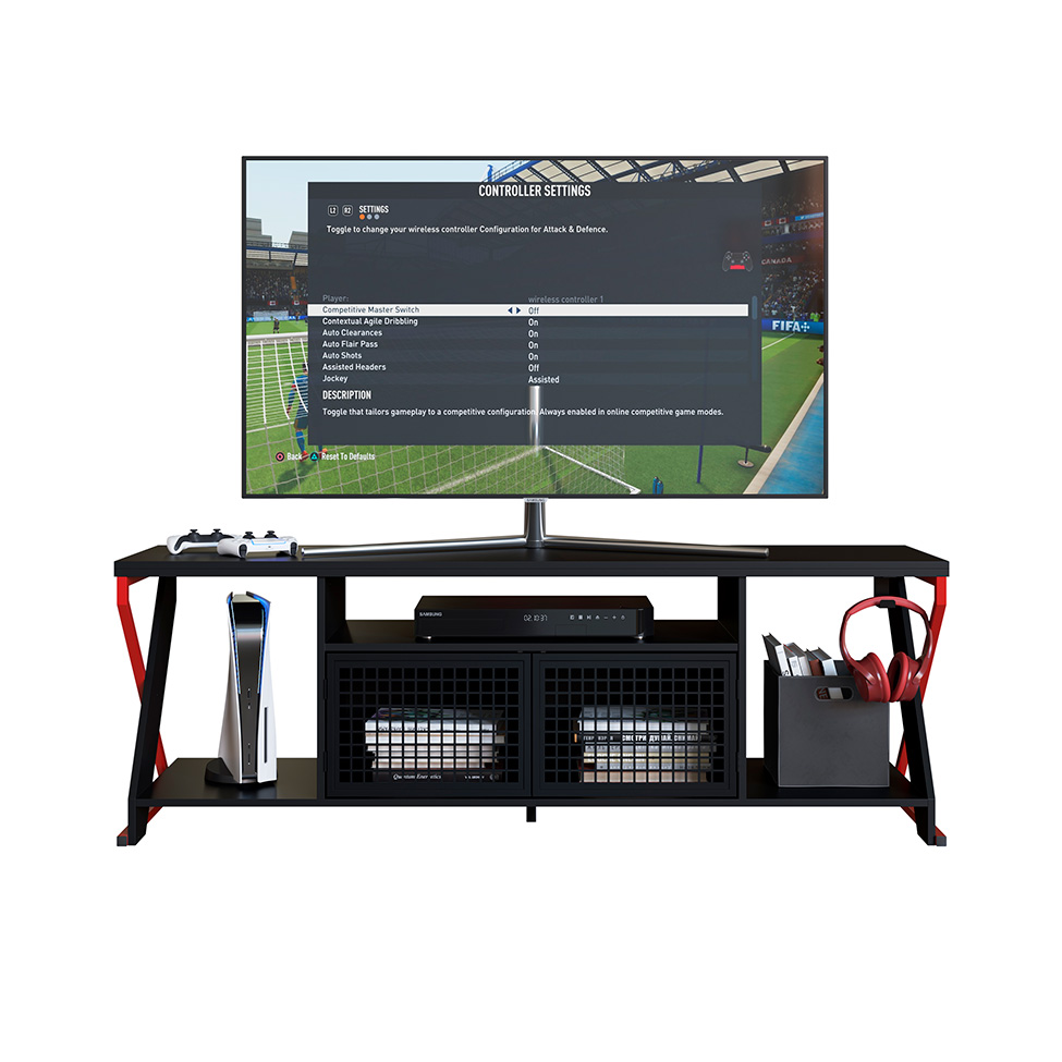 Rack Gamer para TV até 60 Polegadas Linus com LED 2 PT Preto e Vermelho