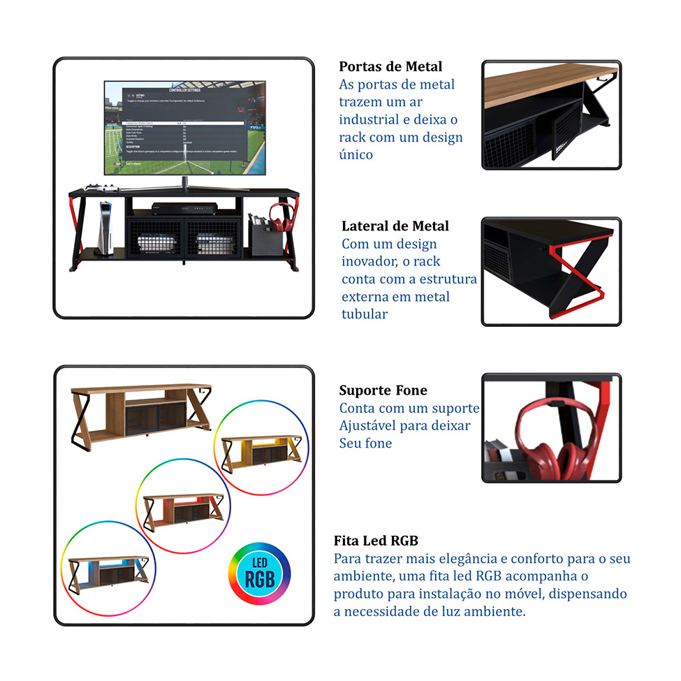 Rack Gamer para TV até 60 Polegadas Linus com LED 2 PT Preto e Vermelho
