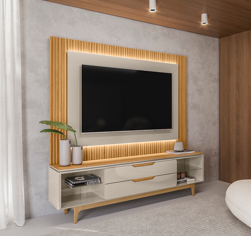 Rack Los Angeles e Painel para TV até 70 Polegadas São Paulo com LED 2 GV Tauari e Off White