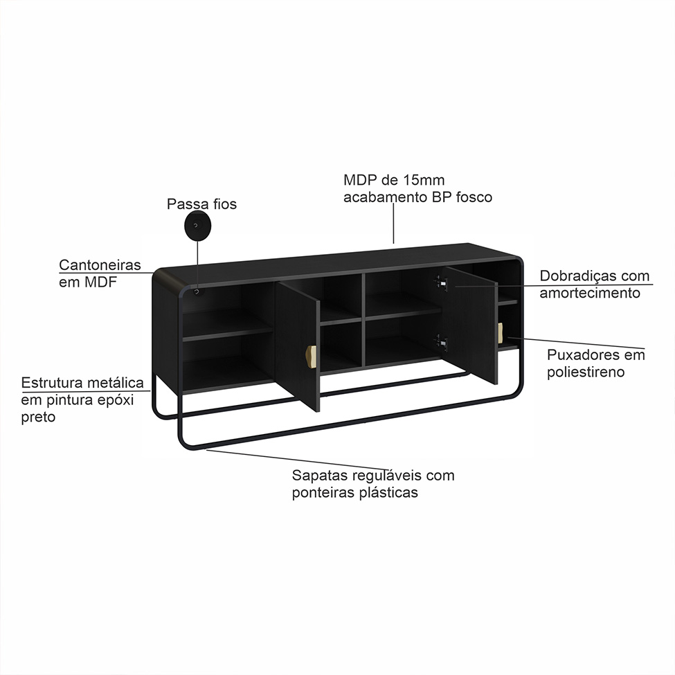 Rack Luna 2 Portas Preto e Dourado