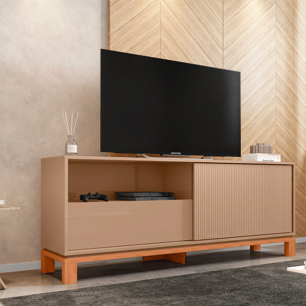 Rack Ripado para TV até 55 Polegadas Mondrian 1 Porta 1 Gaveta Capuccino e Freijó