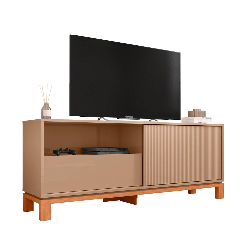 Rack Ripado para TV até 55 Polegadas Mondrian 1 Porta 1 Gaveta Capuccino e Freijó