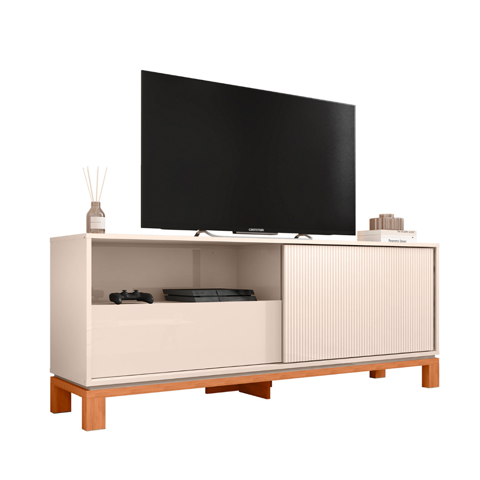 Rack Ripado para TV até 55 Polegadas Mondrian 1 Porta 1 Gaveta Off White e Freijó
