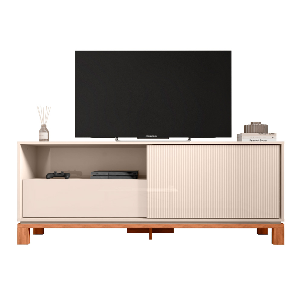 Rack Ripado para TV até 55 Polegadas Mondrian 1 Porta 1 Gaveta Off White e Freijó