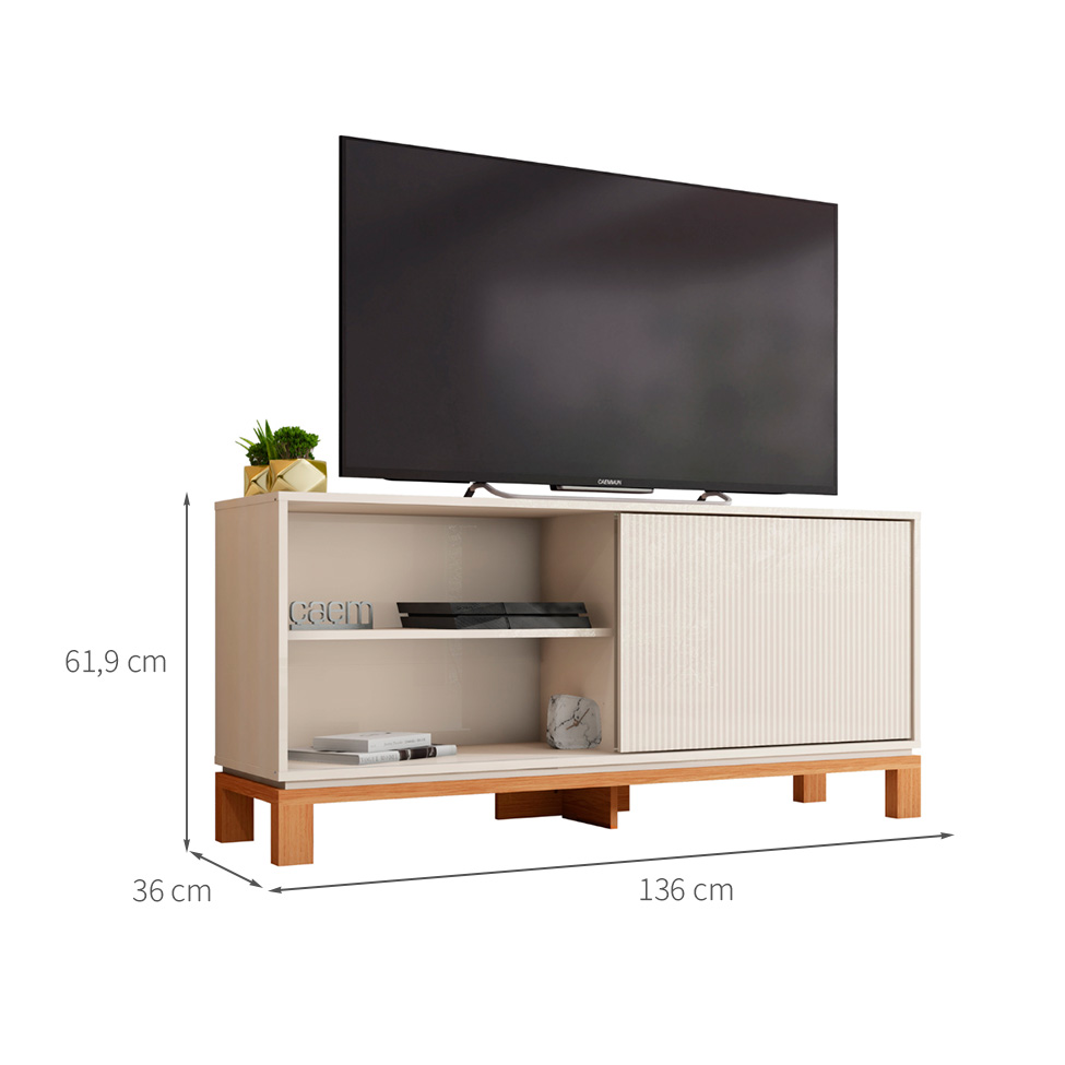 Rack Ripado para TV até 65 Polegadas Mondrian 1 Porta Off White e Freijó