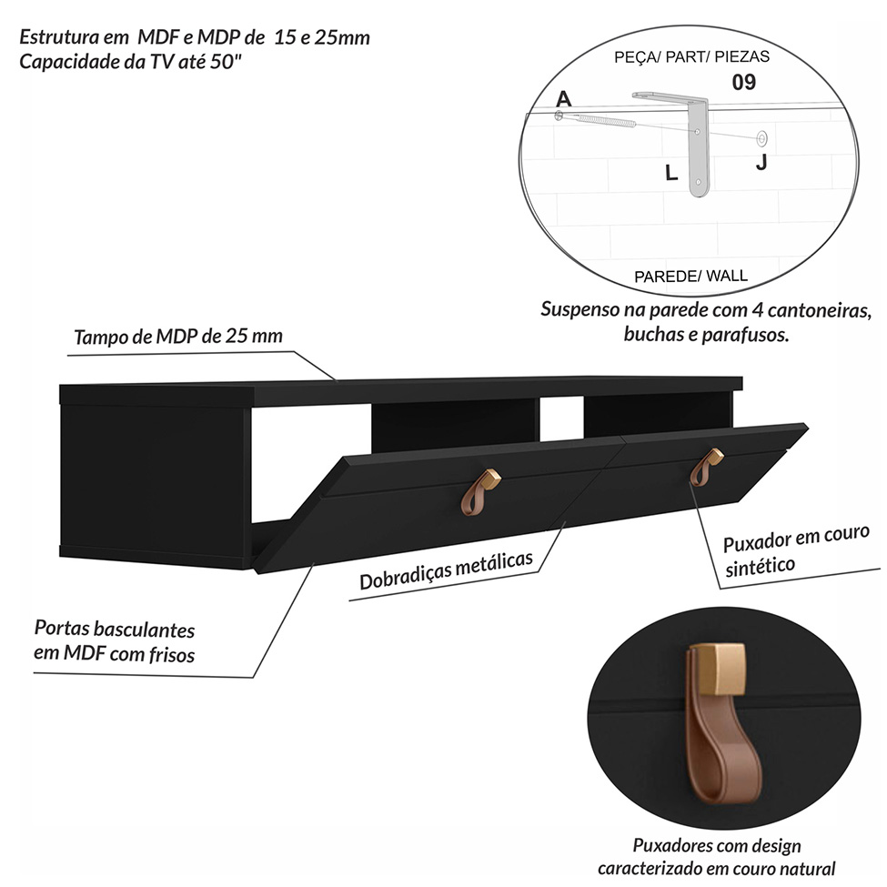 Rack Suspenso para TV até 50 Polegadas Line 2 Portas Preto 135 cm