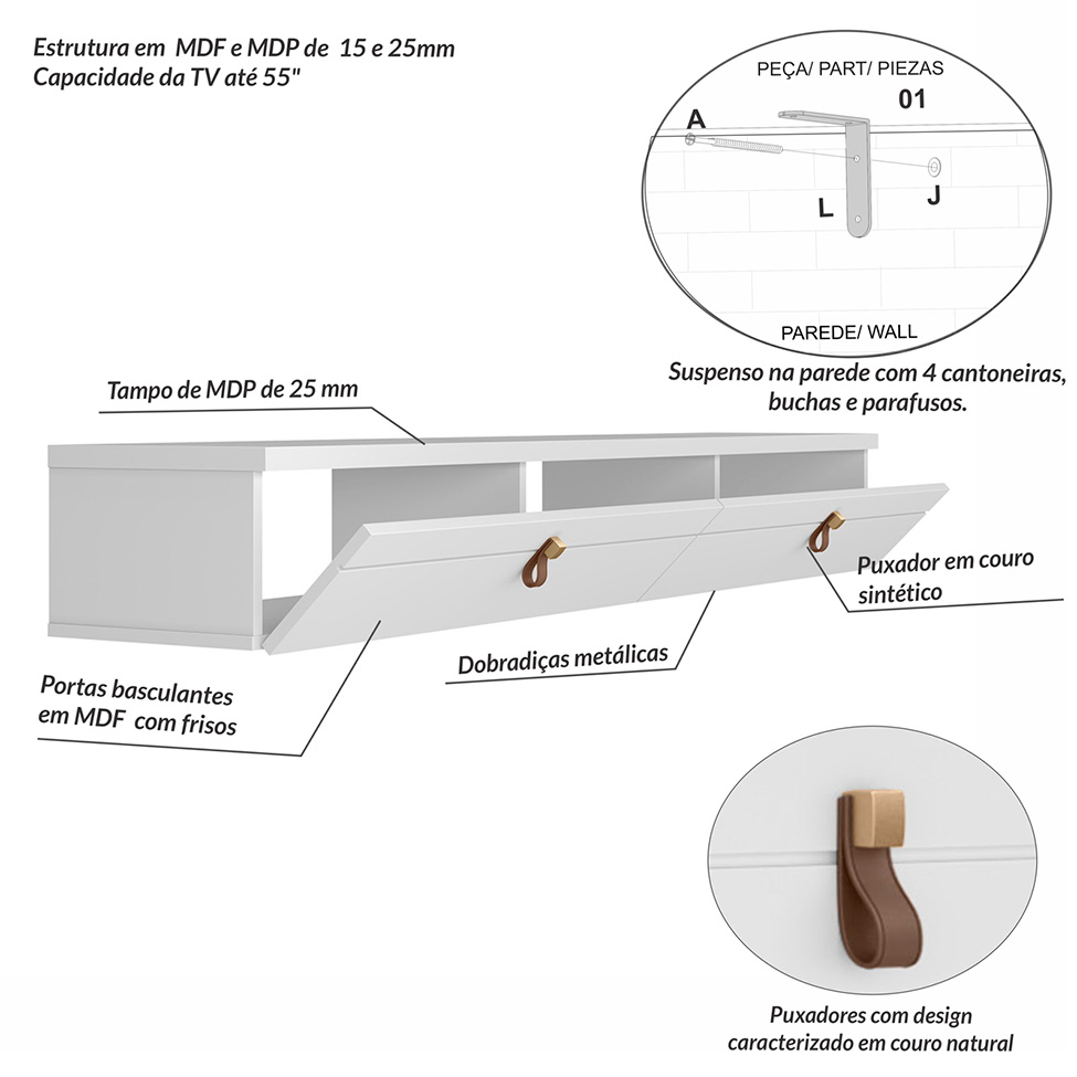 Rack Suspenso para TV até 55 Polegadas Line 2 Portas Branco 160 cm