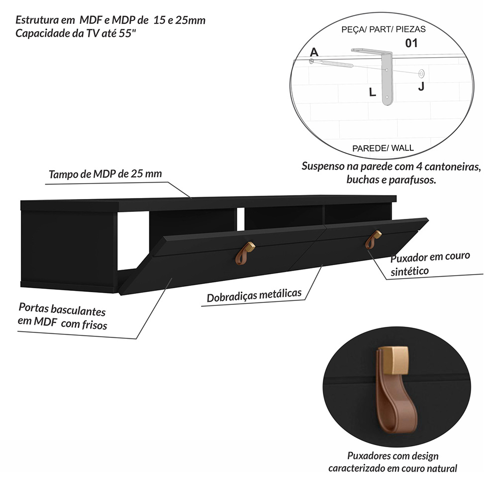 Rack Suspenso para TV até 55 Polegadas Line 2 Portas Preto 160 cm