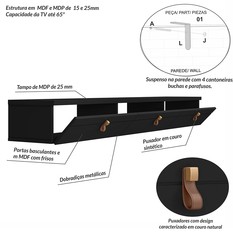 Rack Suspenso para TV até 65 Polegadas Line 3 Portas Preto 180 cm