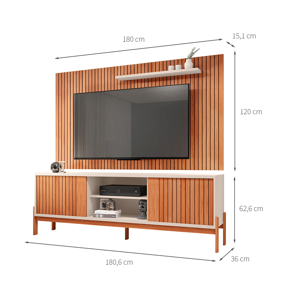 Rack Tannen 2 Portas com Painel Ripado para TV até 70 Polegadas Aeegon Freijó e Off White