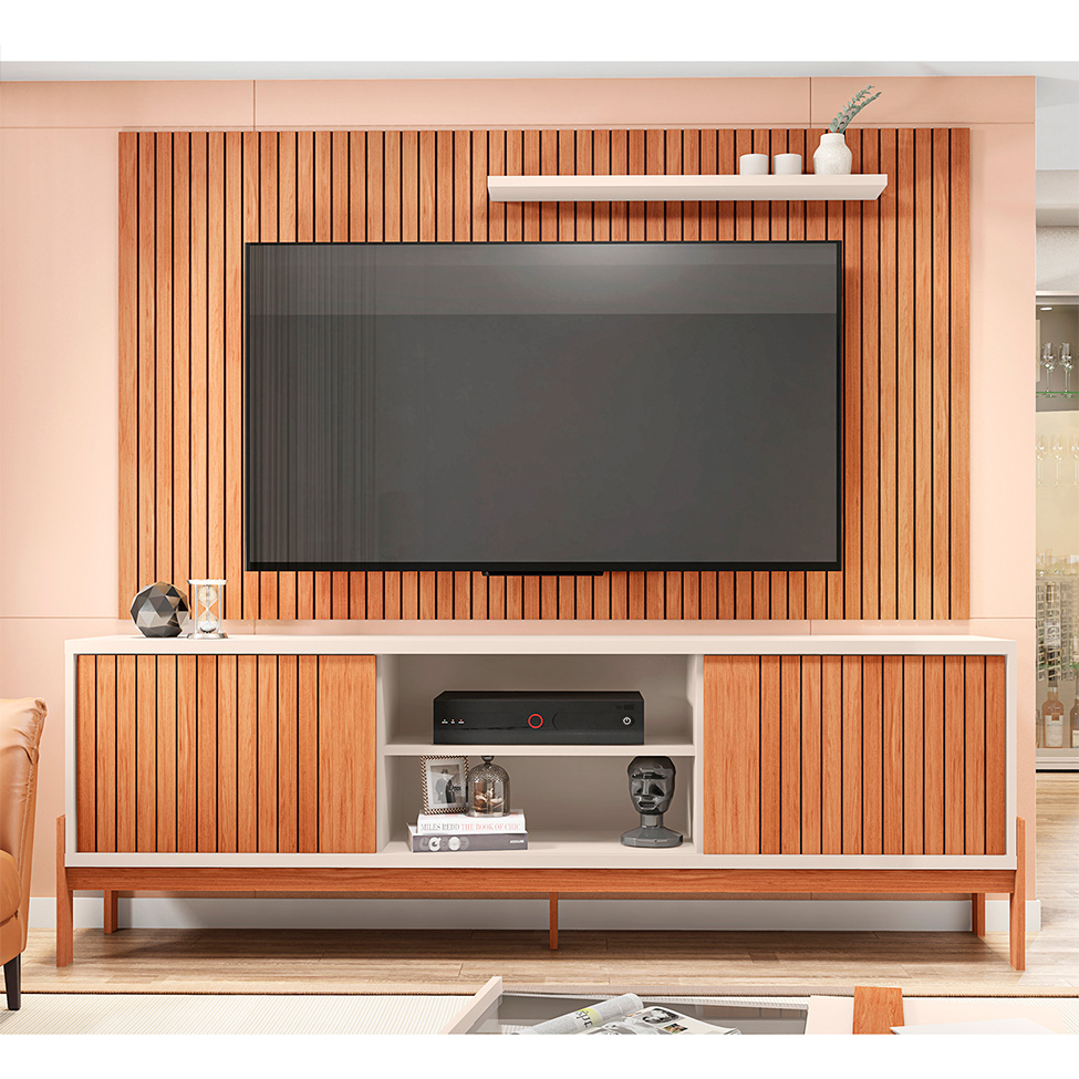 Rack Tannen 2 Portas com Painel Ripado para TV até 70 Polegadas Aeegon Freijó e Off White