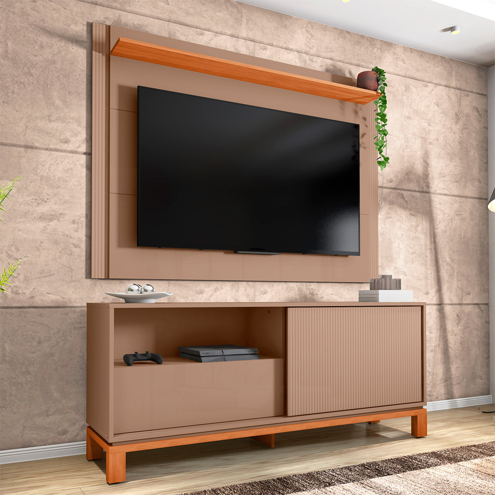 Rack com Painel Extensível até 65 Polegadas Mondrian 1 Porta 1 Gaveta Capuccino e Freijó