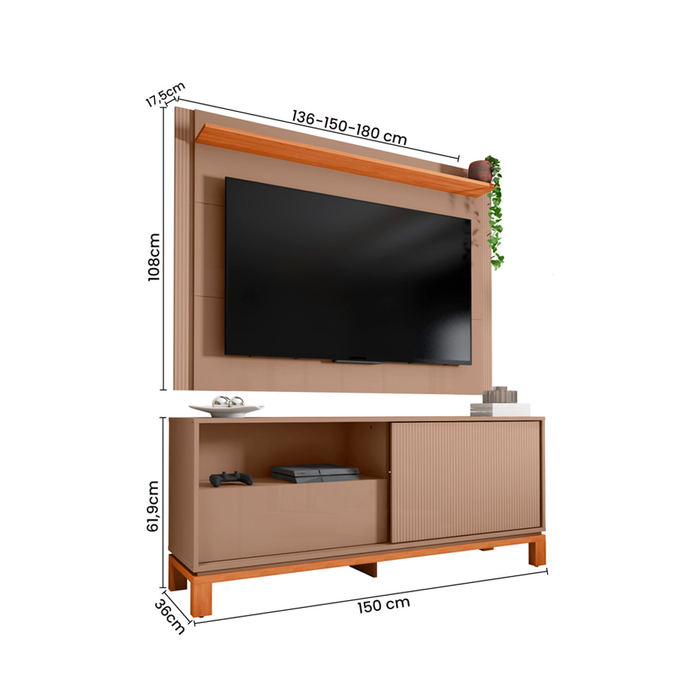 Rack com Painel Extensível até 65 Polegadas Mondrian 1 Porta 1 Gaveta Capuccino e Freijó