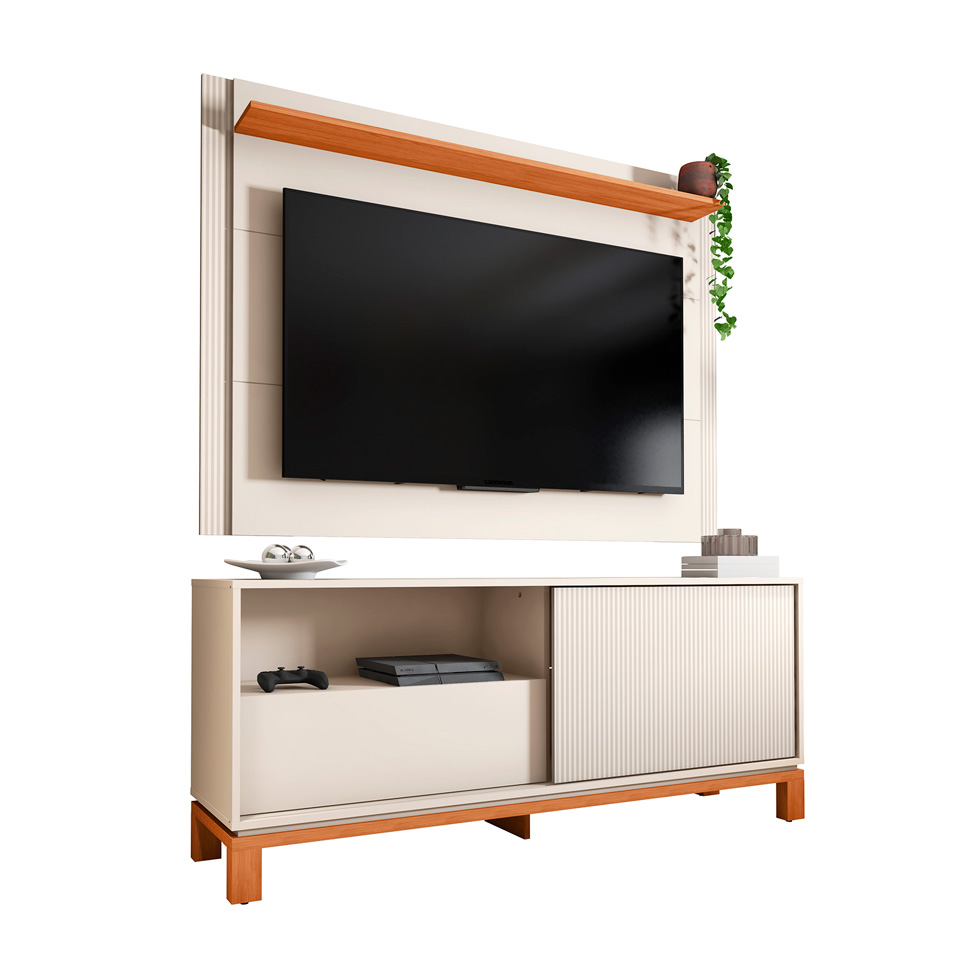 Rack com Painel Extensível até 65 Polegadas Mondrian 1 Porta 1 Gaveta Off White e Freijó