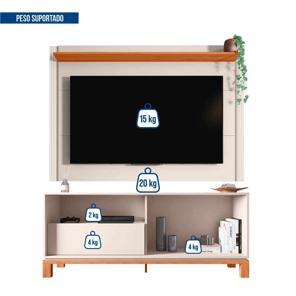 Rack com Painel Extensível até 65 Polegadas Mondrian 1 Porta 1 Gaveta Off White e Freijó