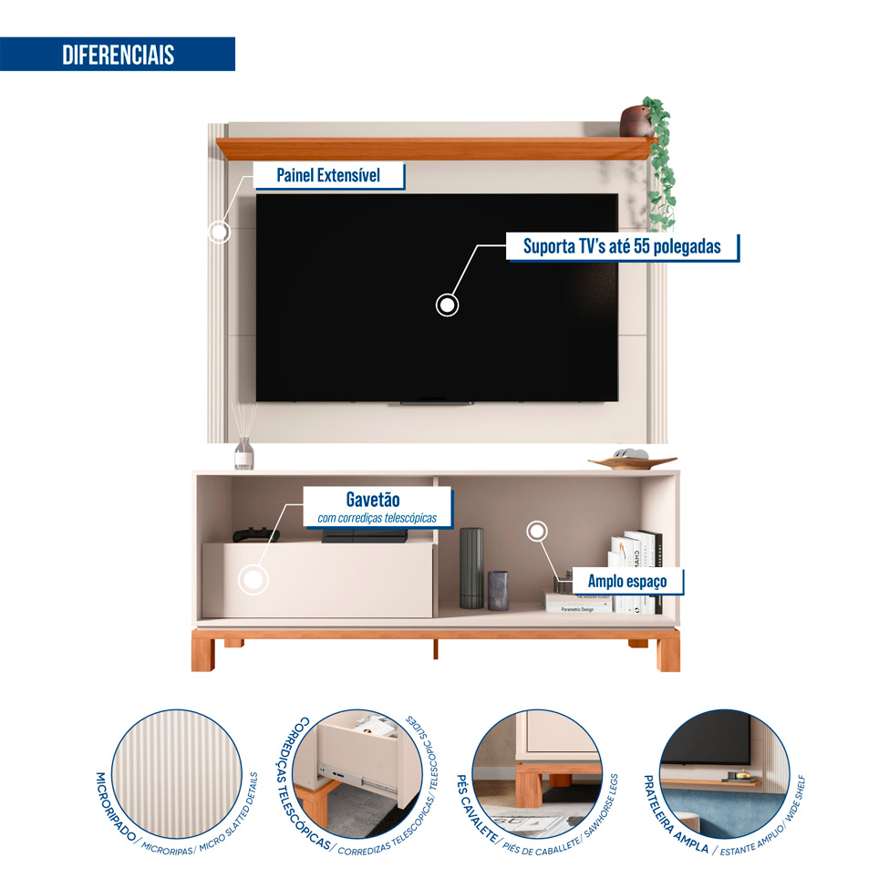 Rack com Painel Extensível até 65 Polegadas Mondrian 1 Porta 1 Gaveta Off White e Freijó