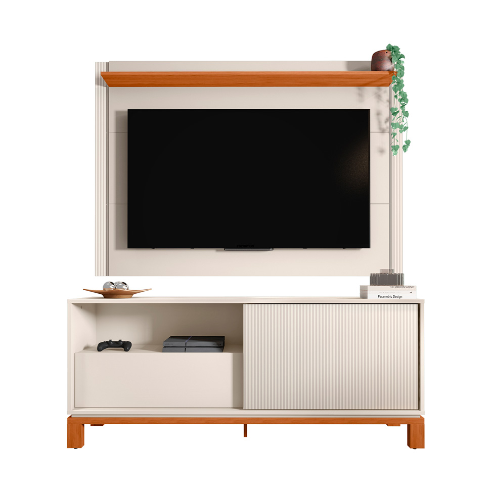 Rack com Painel Extensível até 65 Polegadas Mondrian 1 Porta 1 Gaveta Off White e Freijó