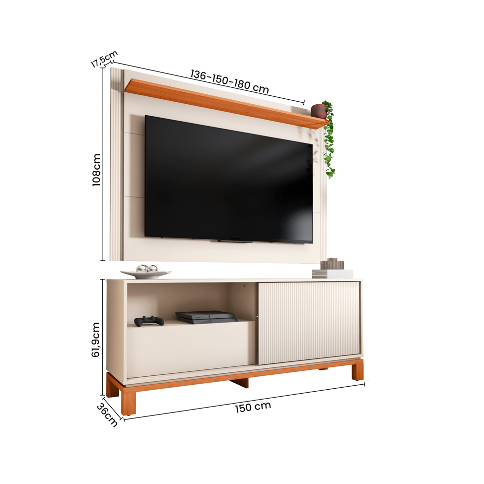 Rack com Painel Extensível até 65 Polegadas Mondrian 1 Porta 1 Gaveta Off White e Freijó