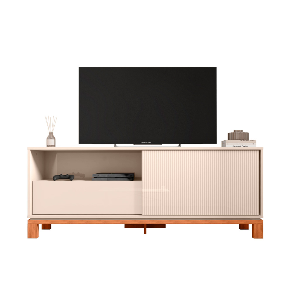 Rack com Painel Extensível até 65 Polegadas Mondrian 1 Porta 1 Gaveta Off White e Freijó