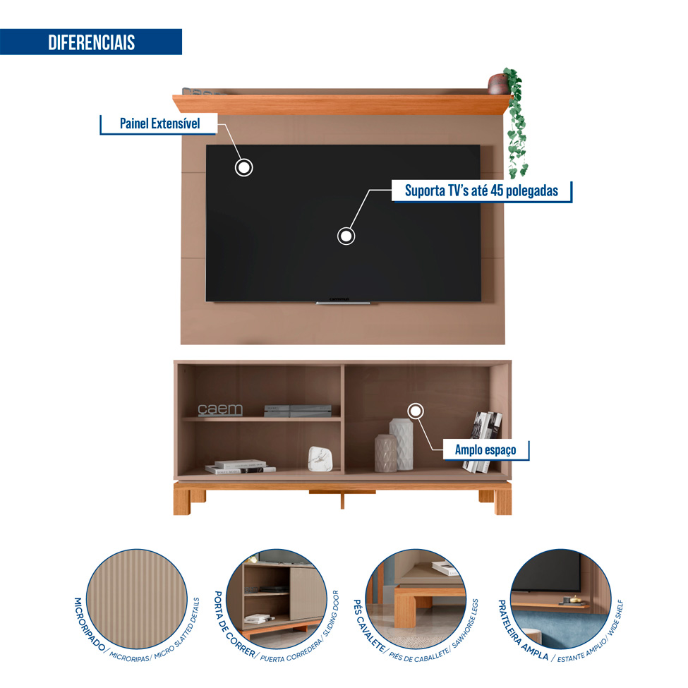 Rack com Painel Extensível até 65 Polegadas Mondrian 1 Porta Capuccino e Freijó