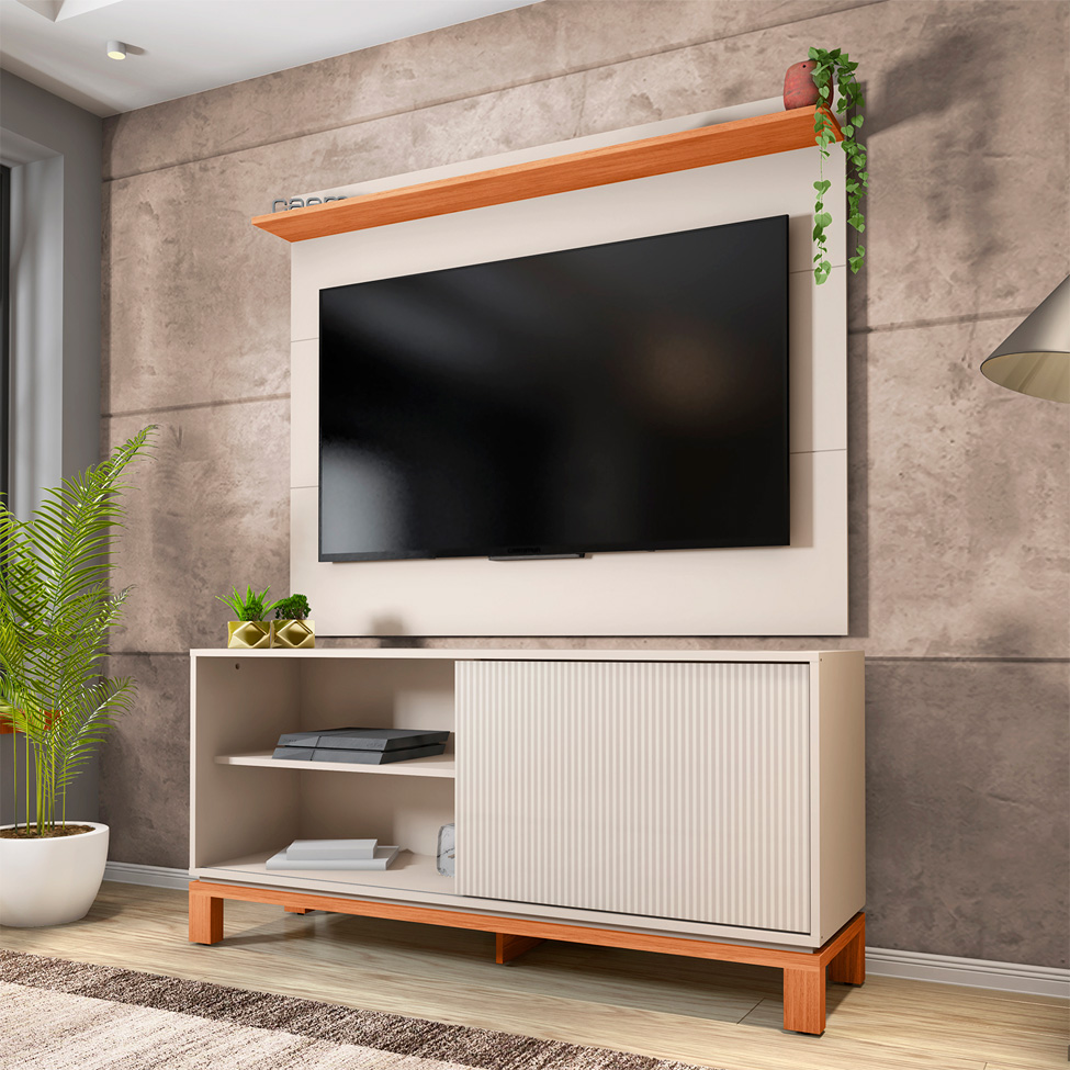 Rack com Painel Extensível até 65 Polegadas Mondrian 1 Porta Off White e Freijó