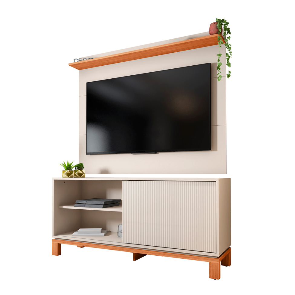 Rack com Painel Extensível até 65 Polegadas Mondrian 1 Porta Off White e Freijó
