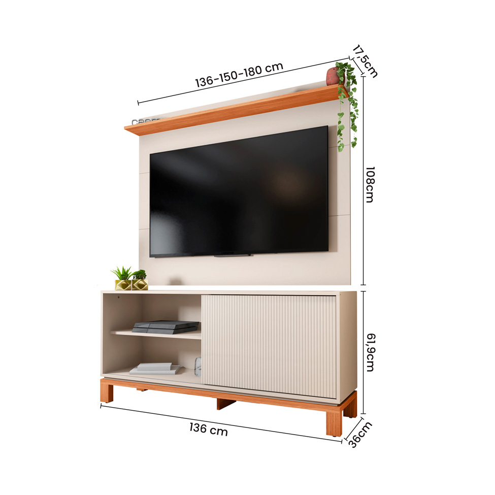Rack com Painel Extensível até 65 Polegadas Mondrian 1 Porta Off White e Freijó