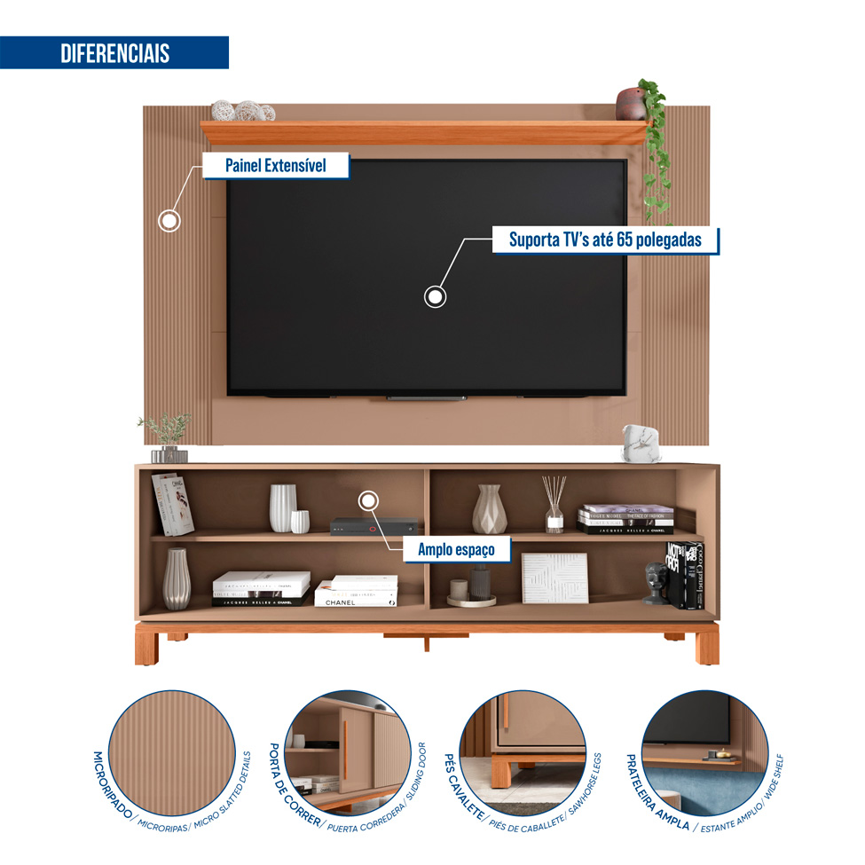Rack com Painel Extensível até 65 Polegadas Mondrian 2 Portas Capuccino e Freijó