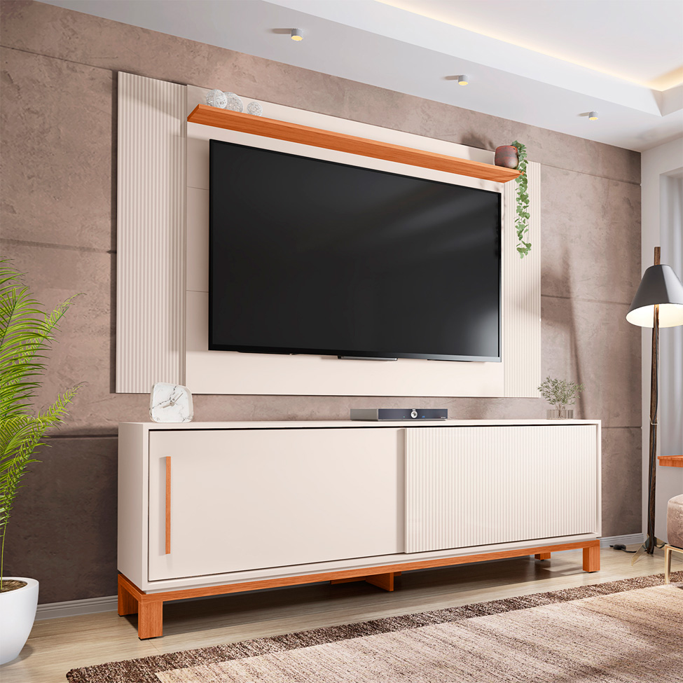 Rack com Painel Extensível até 65 Polegadas Mondrian 2 Portas Off White e Freijó
