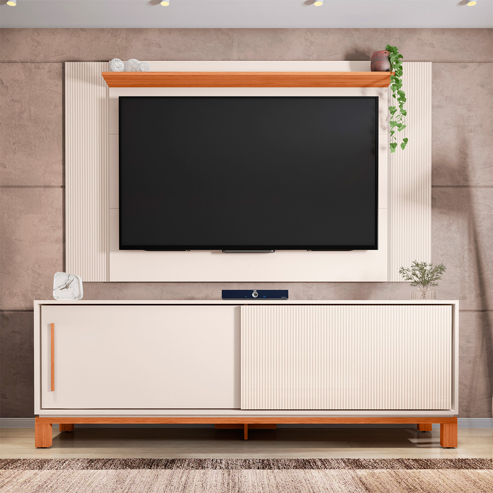 Rack com Painel Extensível até 65 Polegadas Mondrian 2 Portas Off White e Freijó