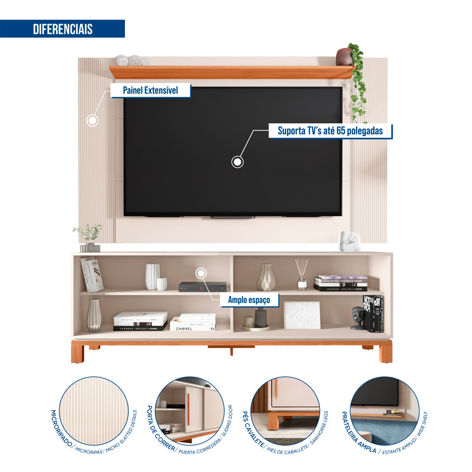 Rack com Painel Extensível até 65 Polegadas Mondrian 2 Portas Off White e Freijó