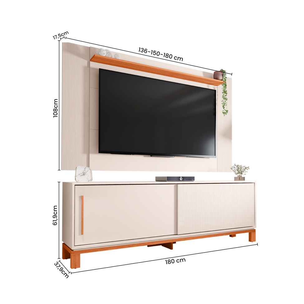 Rack com Painel Extensível até 65 Polegadas Mondrian 2 Portas Off White e Freijó