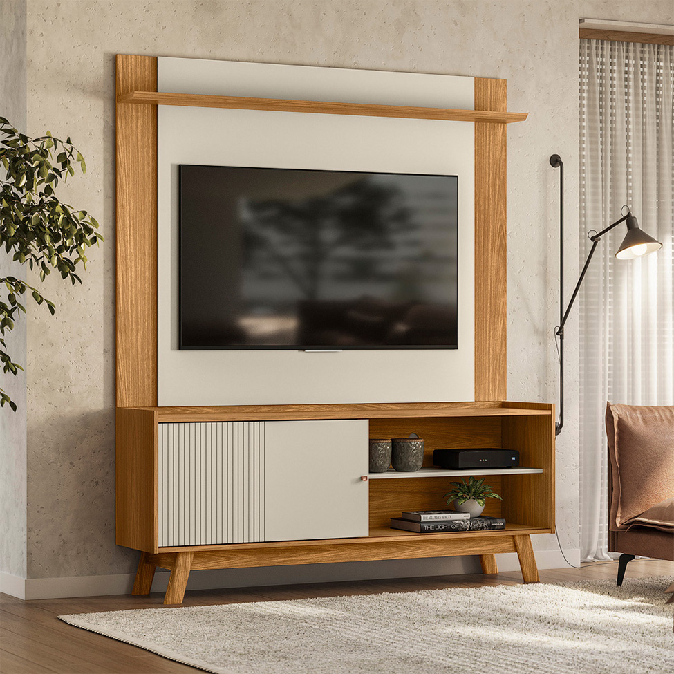 Rack com Painel Extensível para TV até 55 Polegadas Aurum 1 Porta Off White e Nature