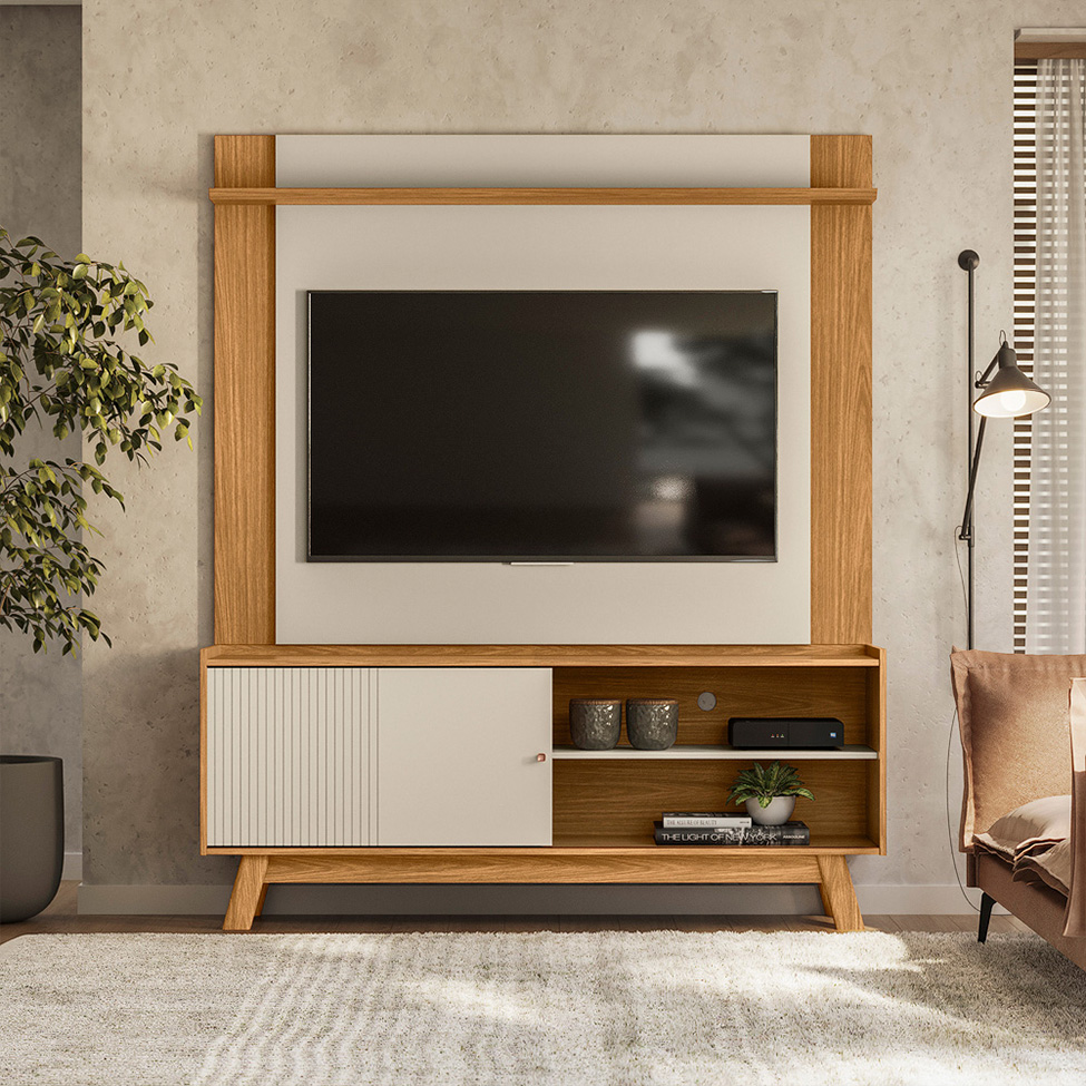 Rack com Painel Extensível para TV até 55 Polegadas Aurum 1 Porta Off White e Nature