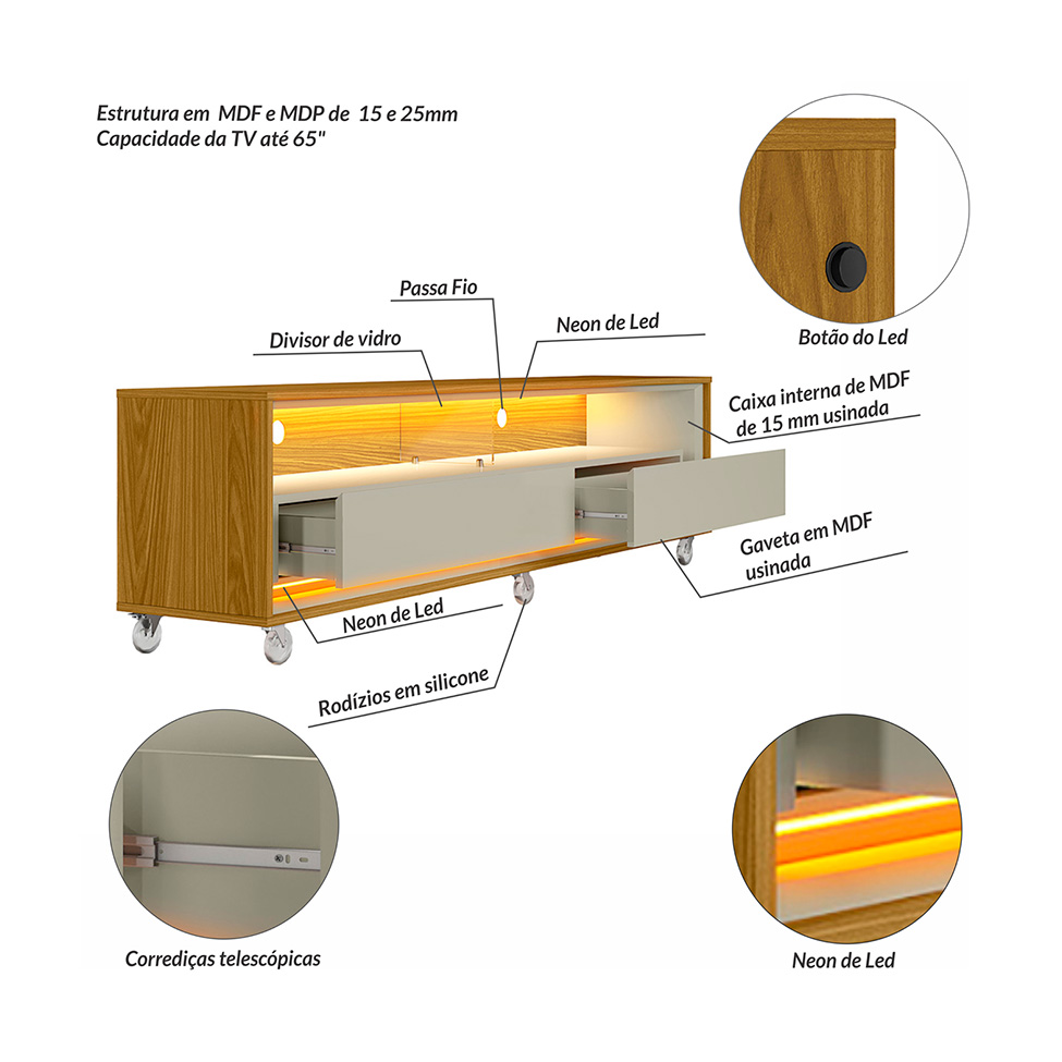 Rack com Painel Ripado até 70 Polegadas Sintra com LED 2 GV Cedro e Off White Alt 218 Larg 177 cm
