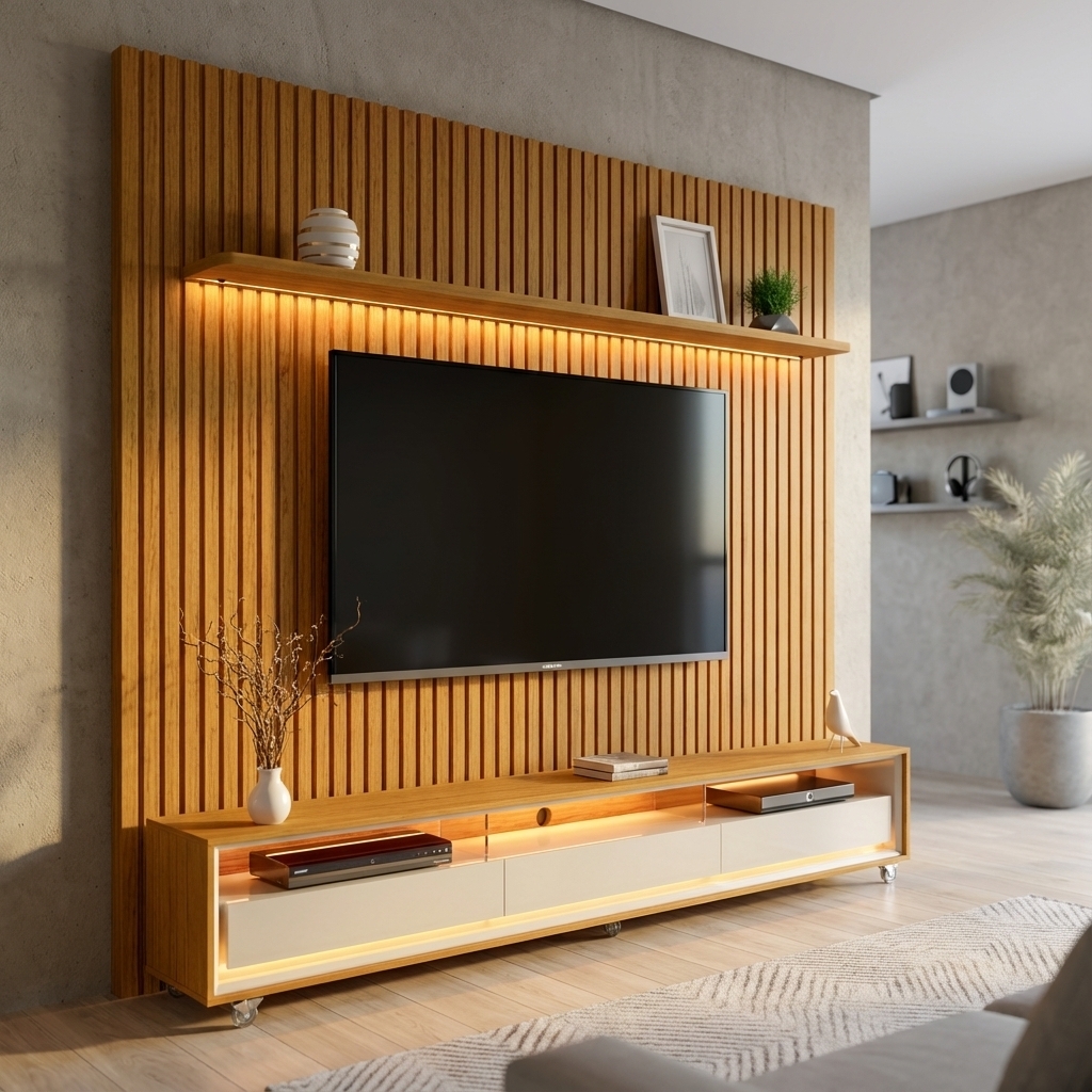 Rack com Painel Ripado até 70 Polegadas Sintra com LED 2 GV Cedro e Off White Alt 218 Larg 177 cm