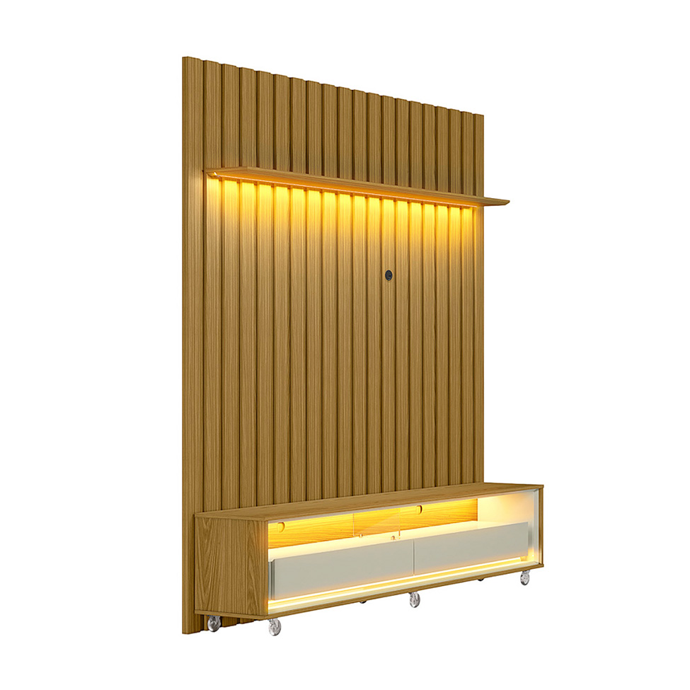 Rack com Painel Ripado até 70 Polegadas Sintra com LED 2 GV Cedro e Off White Alt 218 Larg 177 cm