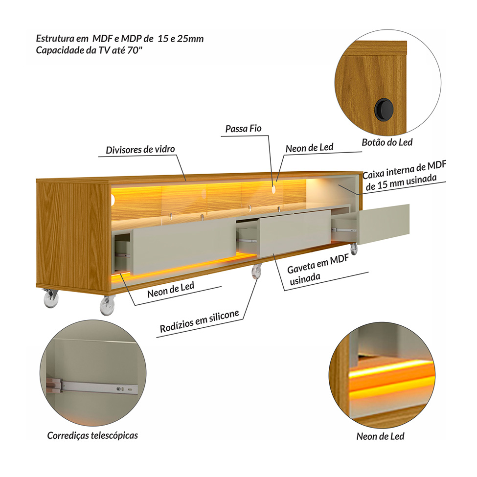 Rack com Painel Ripado até 70 Polegadas Sintra com LED 3 GV Cedro e Off White Alt 218 Larg 222 cm
