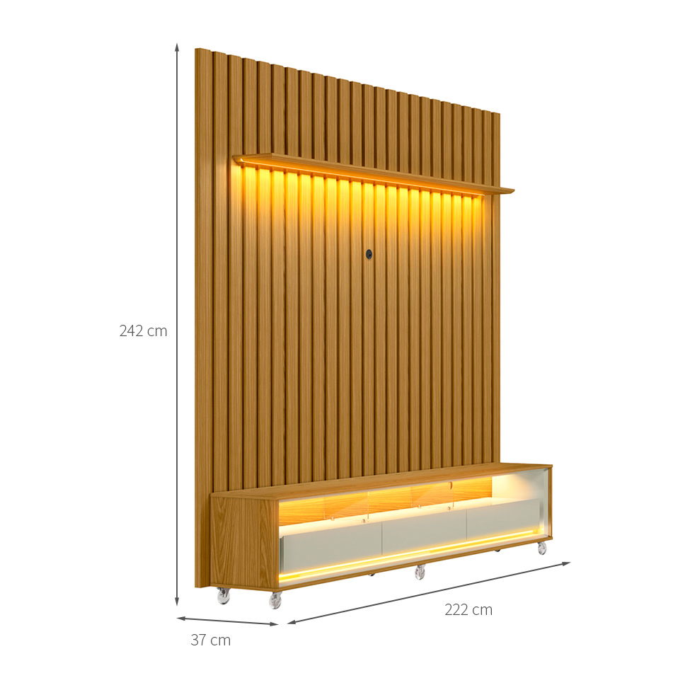 Rack com Painel Ripado até 70 Polegadas Sintra com LED 3 GV Cedro e Off White Alt 242 Larg 222 cm