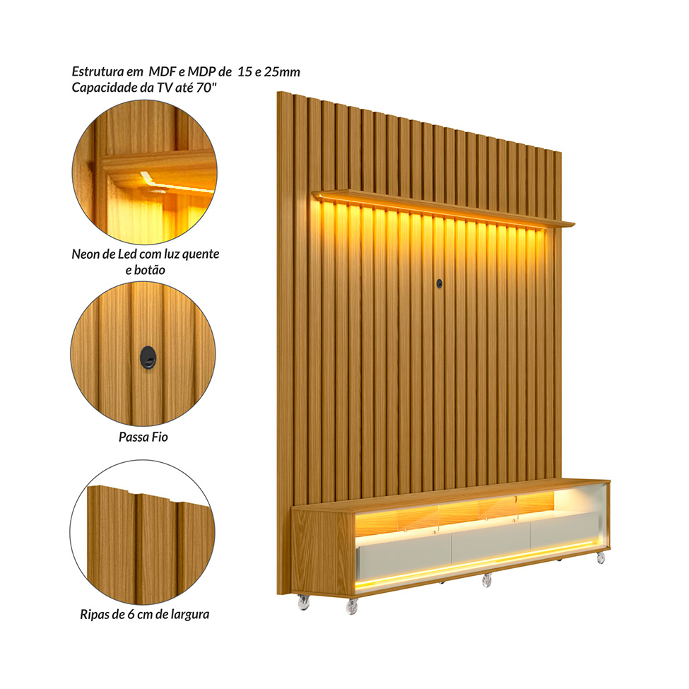 Rack com Painel Ripado até 70 Polegadas Sintra com LED 3 GV Cedro e Off White Alt 242 Larg 222 cm