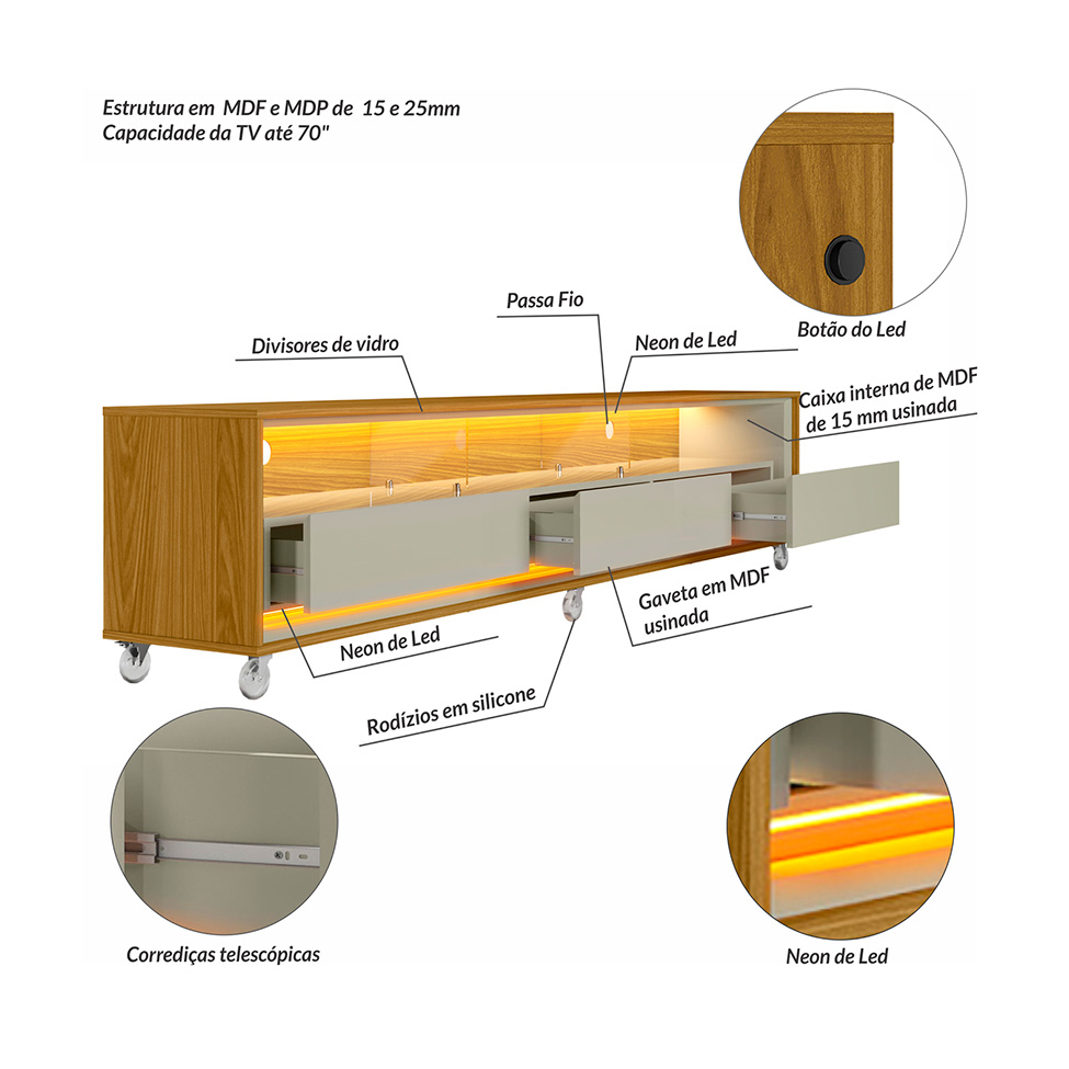 Rack com Painel Ripado até 70 Polegadas Sintra com LED 3 GV Cedro e Off White Alt 242 Larg 222 cm
