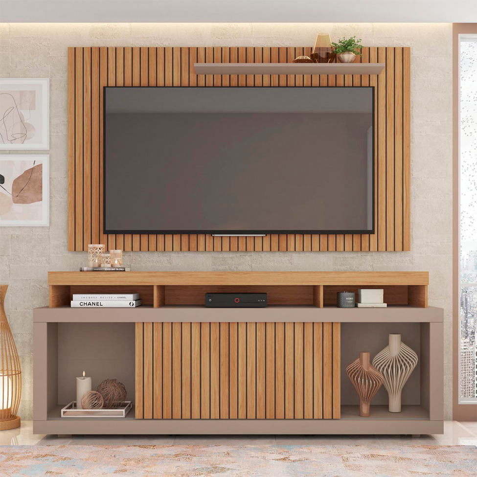Rack com Painel Ripado para TV até 60 Polegadas New Oscar Buriti e Fendi