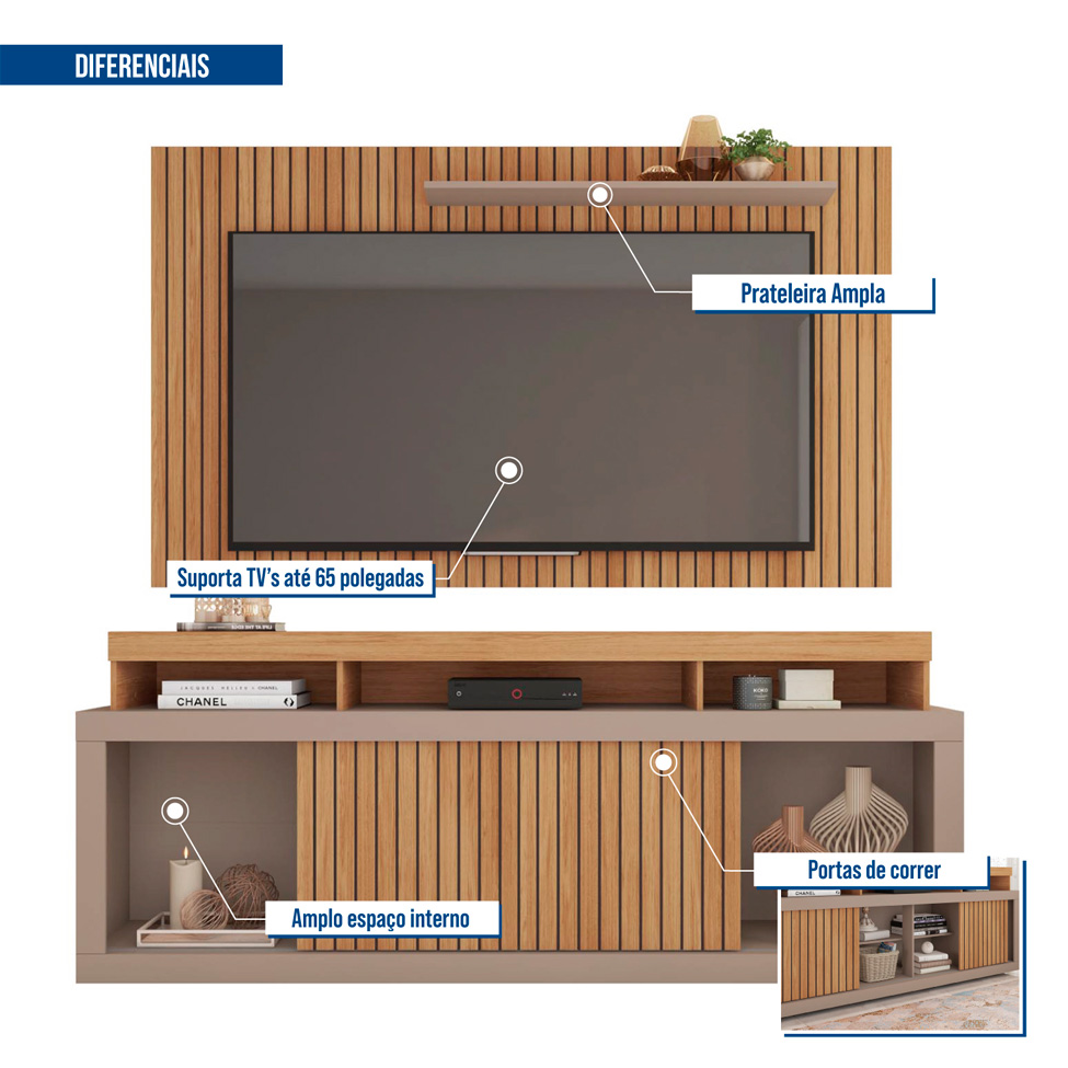 Rack com Painel Ripado para TV até 60 Polegadas New Oscar Buriti e Fendi